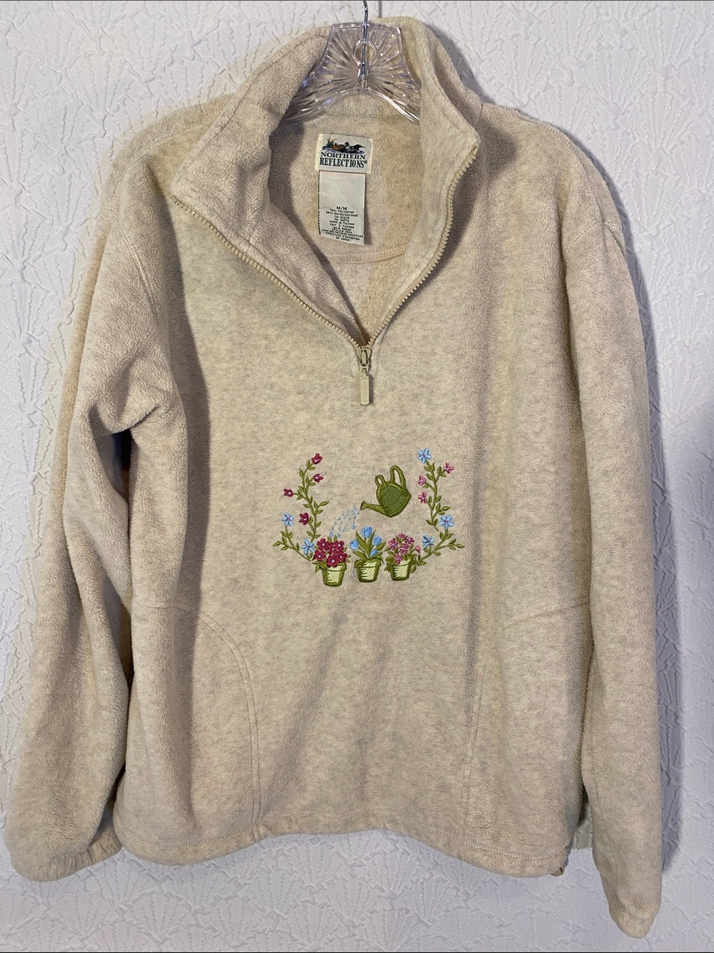 Cabin-core Vintage Northwest Reflection Cream Half-Zip Fleece Garden Embroidery